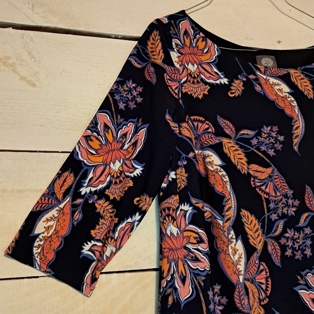 Vince Camuto Navy Blue Floral Sheath Dress 3/4 Sleeve 12 - Picture 3 of 8